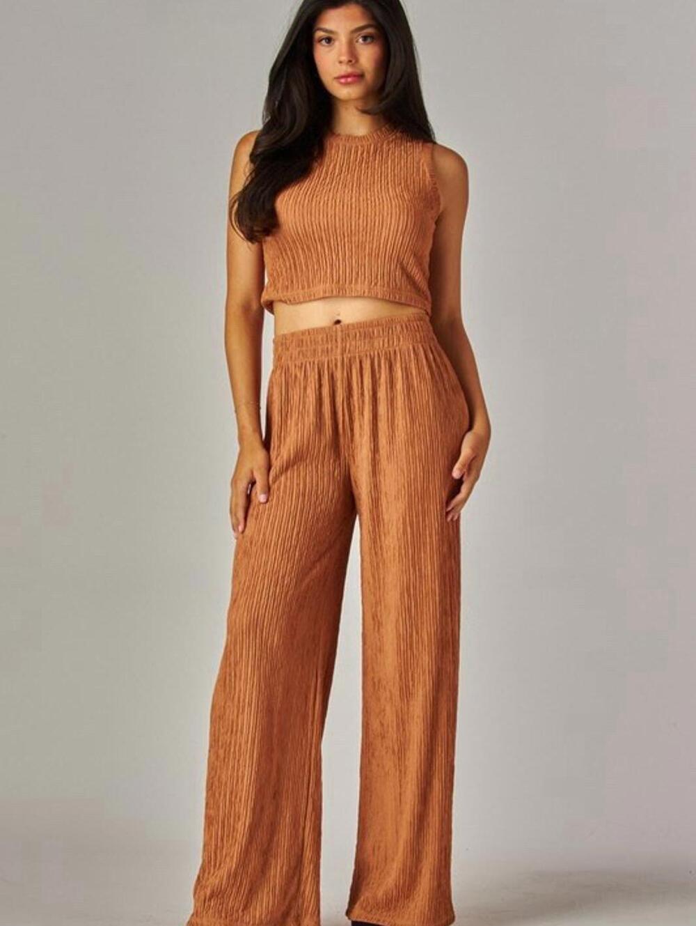 Love Poem Plisse Lounge Set Camel Tan Brown Large Wide Leg 2pc Fall NWT Summer
